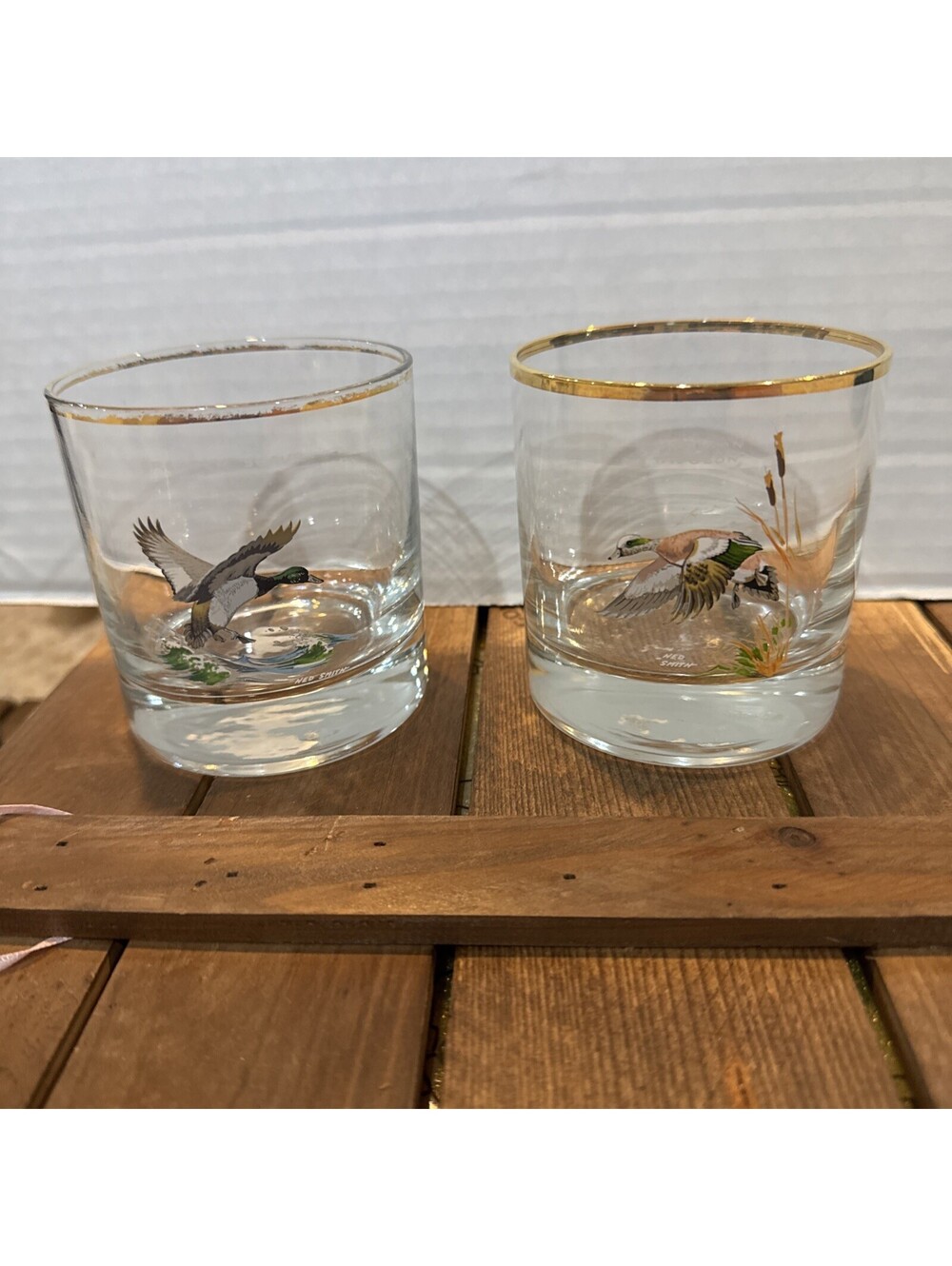 Culver Ned Smith Waterfowl Double Old-Fashioned Glasses Set Of 2 Gold Rim